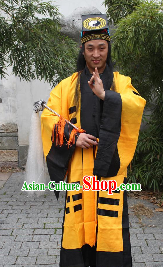 Chinese Ancient Taoist Costumes and Hat Complete Set for Men