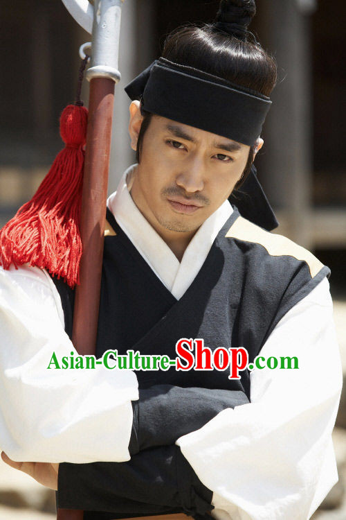 Ancient Korean Black and White Swordsman Costume and Hair Accessories Complete Set
