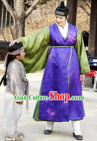 Ancient Korean Long Robes Suit and Headwear Complete Set for Men