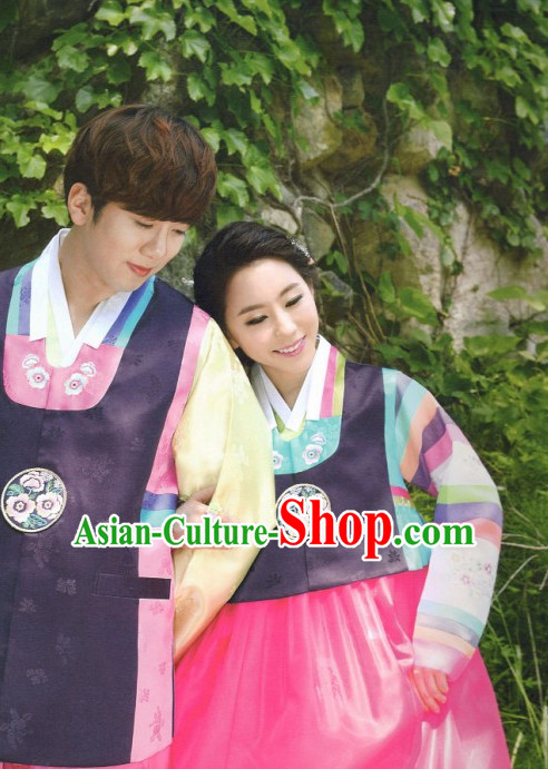 Korean Classic Hanboks Garment and Hair Accessories 2 Complete Set for Husband and Wife