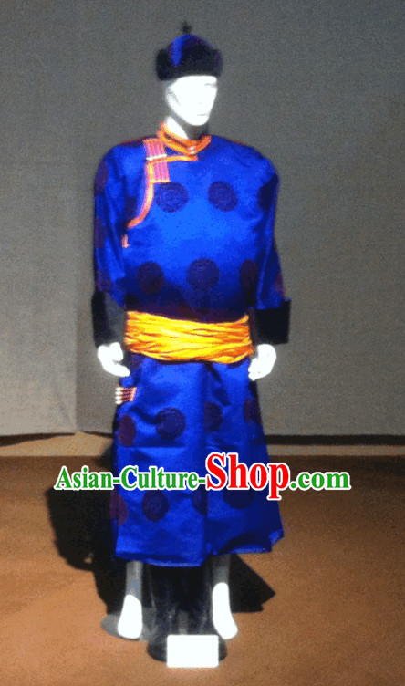 Blue Mongolian Long Robe and Hat for Men