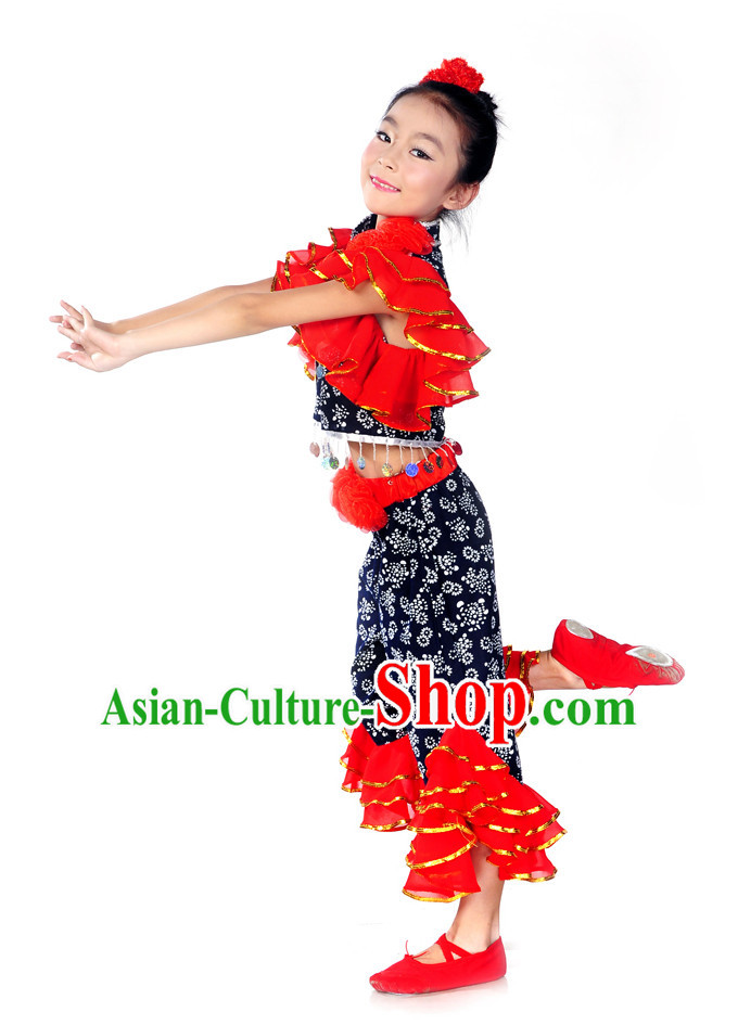 Folk Dance Costumes and Red Flower Hair Decorations for Kids
