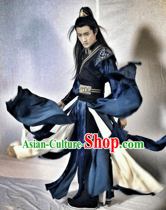 Ancient Wuxia Gong Fu Swordsman Long Robe Clothes Complete Set for Men