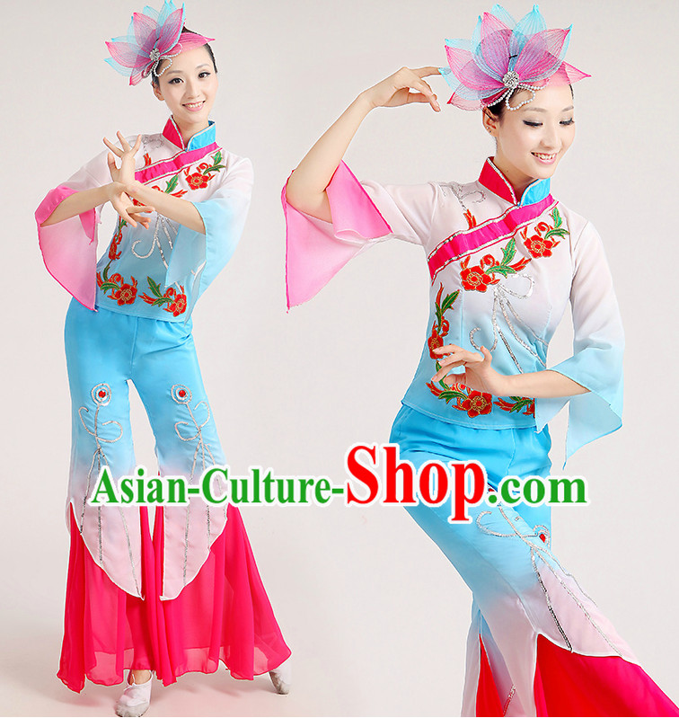 Chinese Folk Fan Dance Group Dancing Costume and Hair Jewelry Complete Set