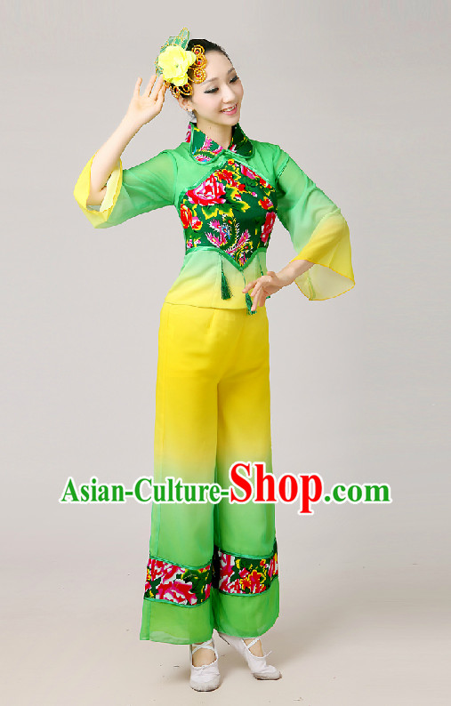 Chinese New Year Folk Fan Group Dance Costumes and Hair Jewelry Complete Set