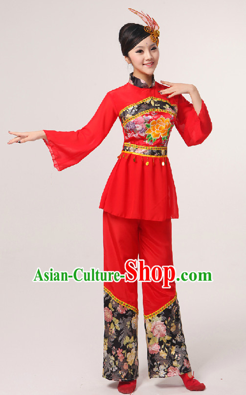 Red Chinese Folk Fan Group Dance Costume and Hair Jewelry