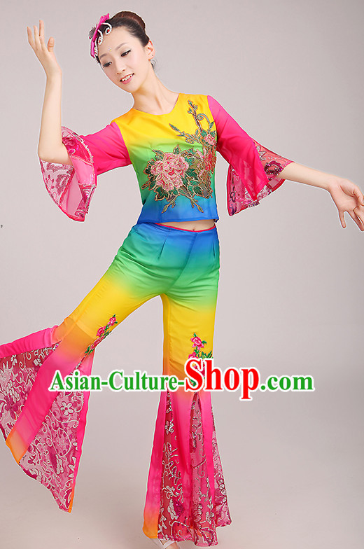 Stunning Beatiful Chinese Peony Fan Dance Costumes Dancing Clothes and Headpieces Complete Set for Woen