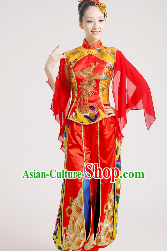 Chinese Folk Group Drum Dance Costumes and Headpieces Complete Set for Woen