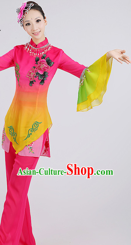 Wide Sleeves Chinese Group Fan Dance Costumes and Headpieces Complete Set for Woen