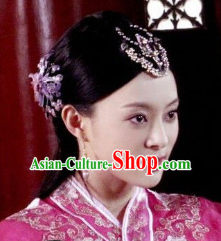 Chinese Qing Dynasty Female Black Long Wigs and Hair Ornaments