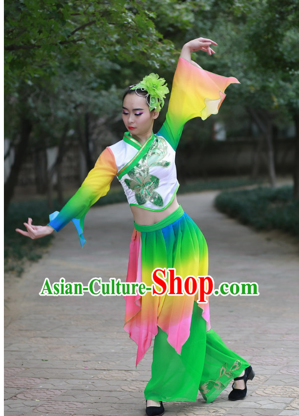 Chinese Folk Fan Dance Costume and Headdress Complete Set