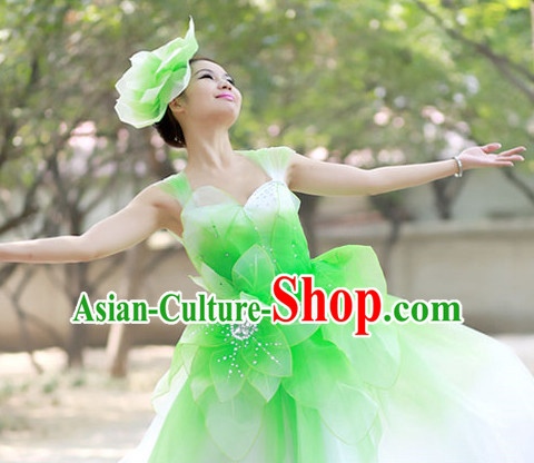 Chinese Custom Made Folk Flower Green Dance Costume and Headpieces Complete Set for Women