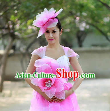 Chinese Custom Made Folk Flower Pink Dance Costume and Headpieces Complete Set for Women