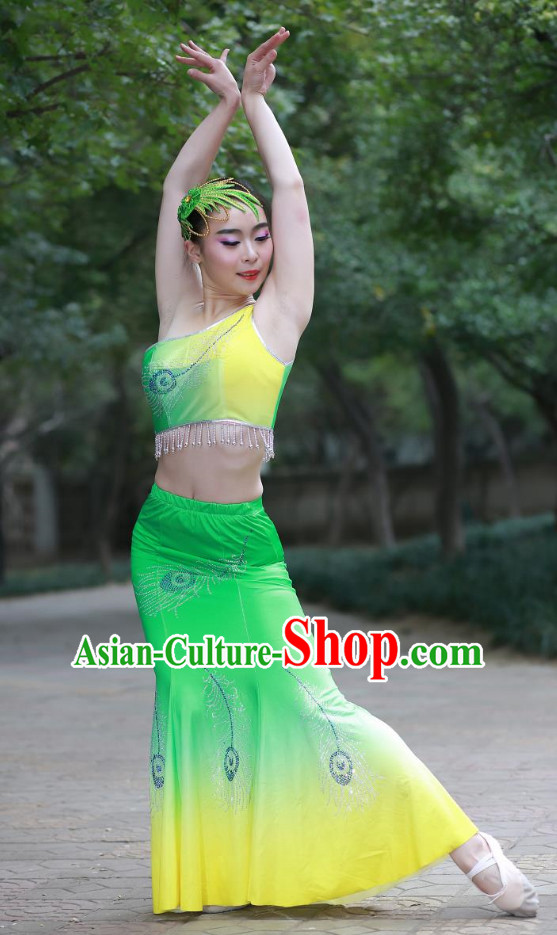 Green Chinese Custom Made Folk Dai Ethnic Dance Costume and Headpieces Complete Set for Women