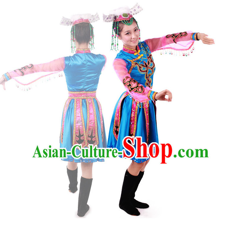 Chinese Teenagers Folk Ethnic Dance Costume and Headpiece for Competition