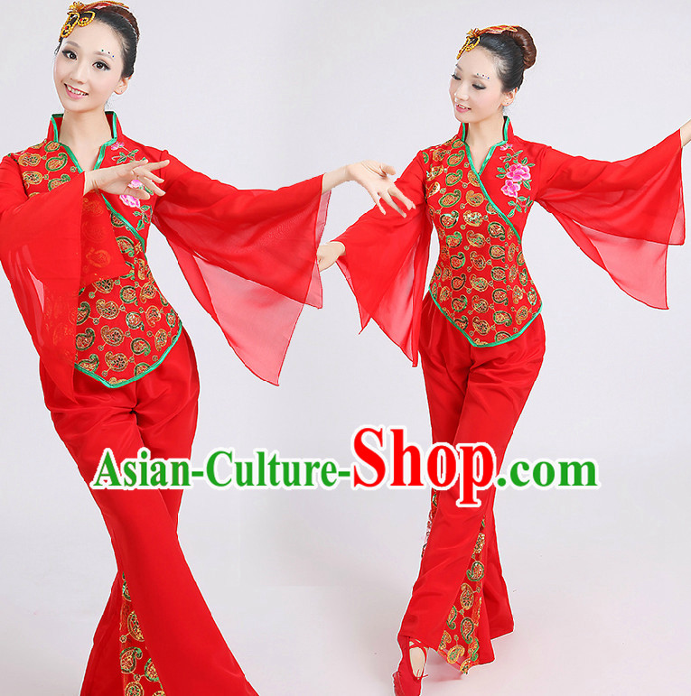 Chinese Red Folk Dance Costumes Group Dancing Costume Dancewear China Dress Dance Wear and Head Pieces Complete Set