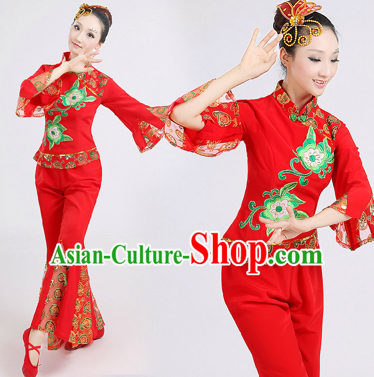 Chinese Red Folk Dance Costumes Group Dancing Costume Dancewear China Dress Dance Wear and Head Pieces Complete Set