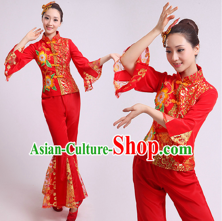 Chinese Fan Dance Costumes Group Dancing Costume Dancewear China Dress Dance Wear and Head Pieces Complete Set