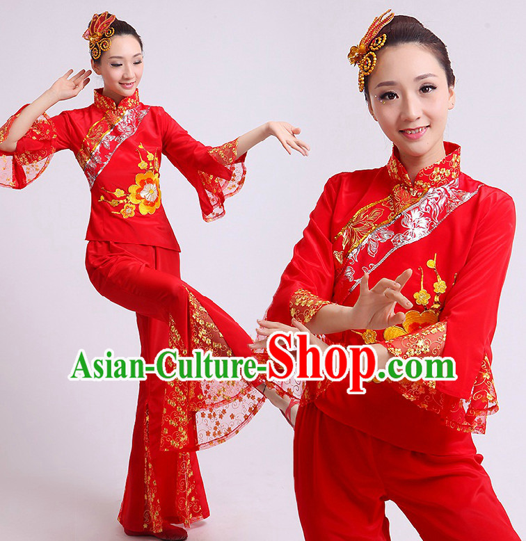 Chinese Fan Dance Costumes Team Dancing Costume Dancewear China Dress Dance Wear and Head Pieces Complete Set