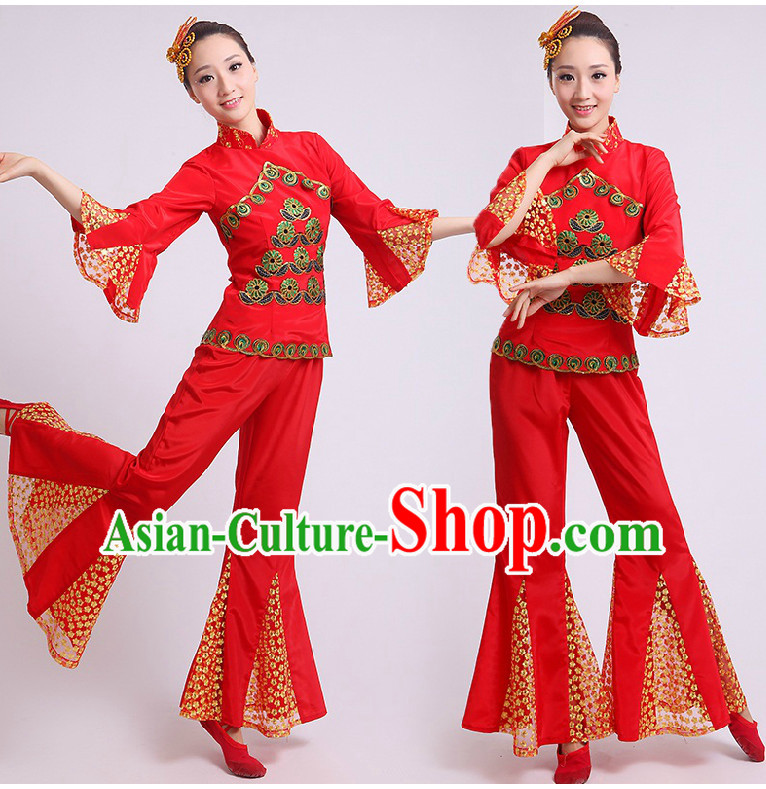 Chinese Fan Dance Costumes Team Dancing Costume Dancewear China Dress Dance Wear and Headwear Complete Set