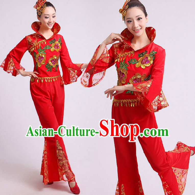 Chinese Fan Dance Costumes Team Dancing Costume Dancewear China Dress Dance Wear and Headwear Complete Set