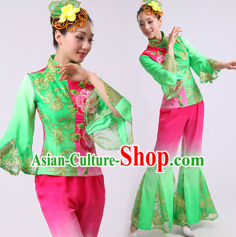 Chinese Fan Dance Costumes Ribbon Dancing Costume Dancewear China Dress Dance Wear and Headwear Complete Set