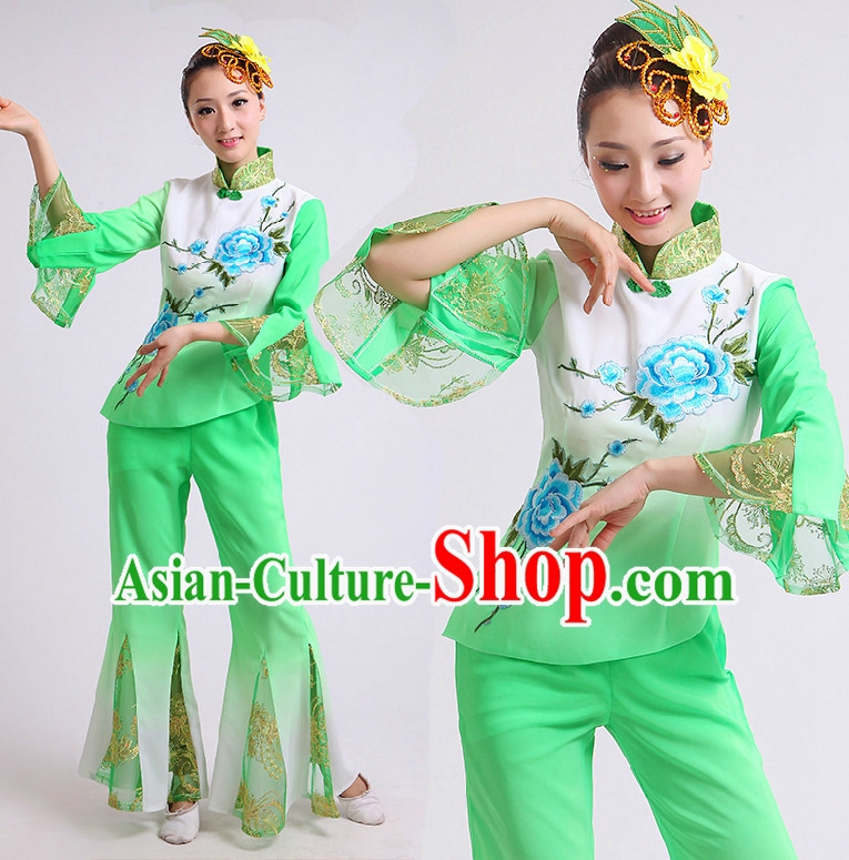 Chinese Fan Dance Costumes Ribbon Dancing Costume Dancewear China Dress Dance Wear and Hair Accessories Complete Set