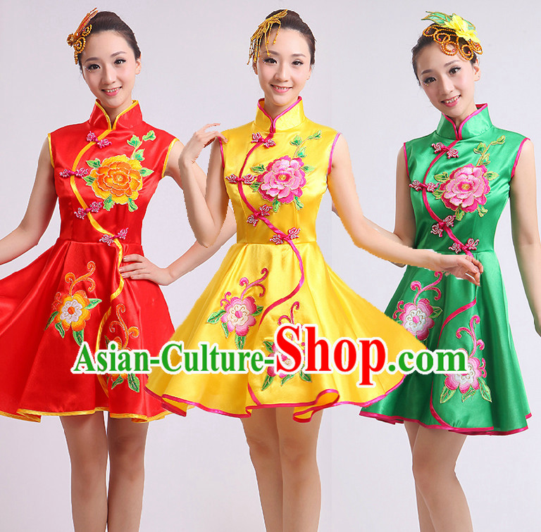 Chinese Fan Dance Costumes Ribbon Dancing Costume Dancewear China Dress Dance Wear and Hair Accessories Complete Set