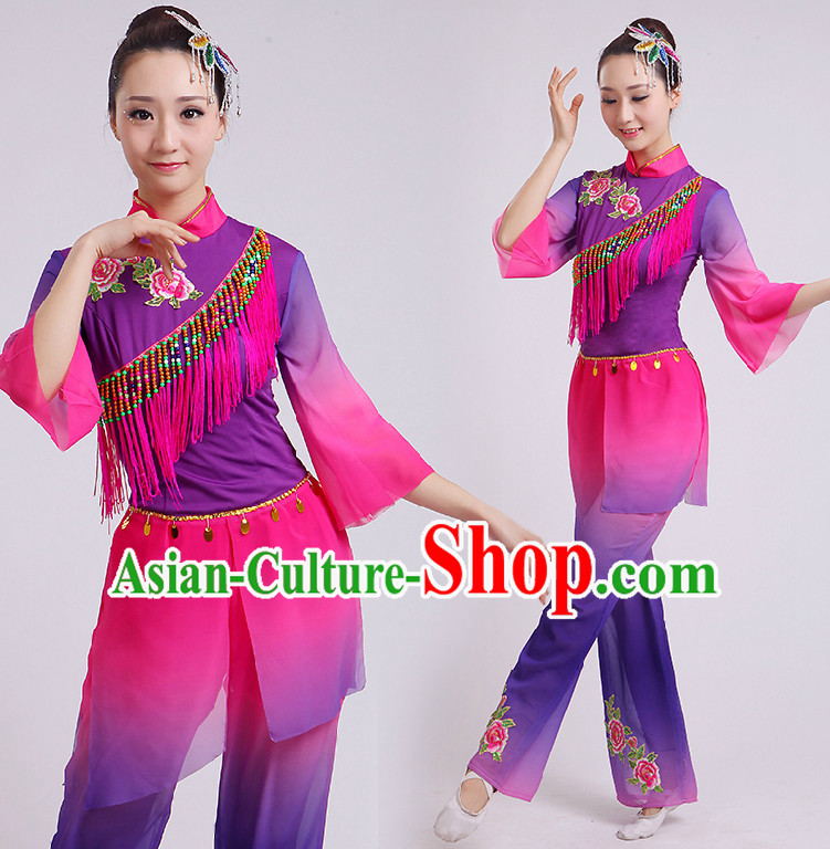 Chinese Fan Dance Costumes Ribbon Dancing Costume Dancewear China Dress Dance Wear and Hair Accessories Complete Set