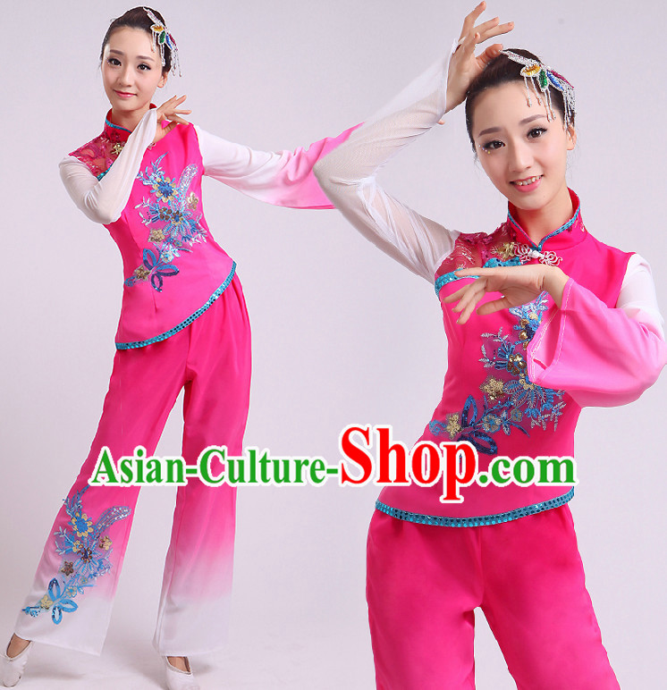 Chinese Fan Dance Costumes Ribbon Dancing Costume Dancewear China Dress Dance Wear and Hair Accessories Complete Set