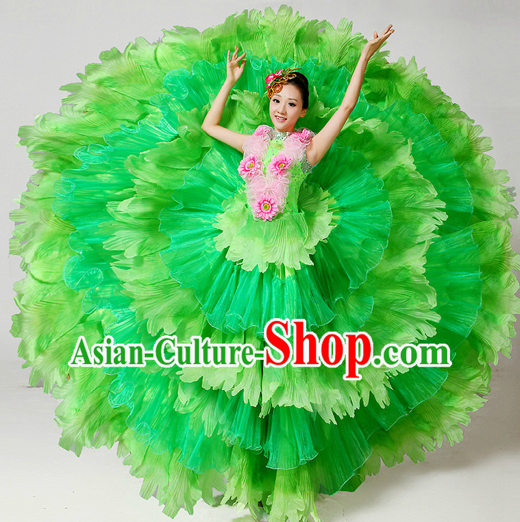 Chinese Stage Dance Costumes Ribbon Dancing Costume Dancewear China Dress Dance Wear and Hair Accessories Complete Set