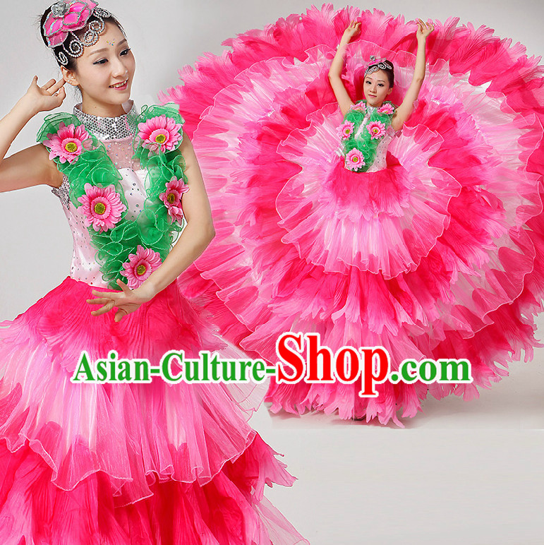 Chinese Stage Dance Costumes Ribbon Dancing Costume Dancewear China Dress Dance Wear and Hair Accessories Complete Set