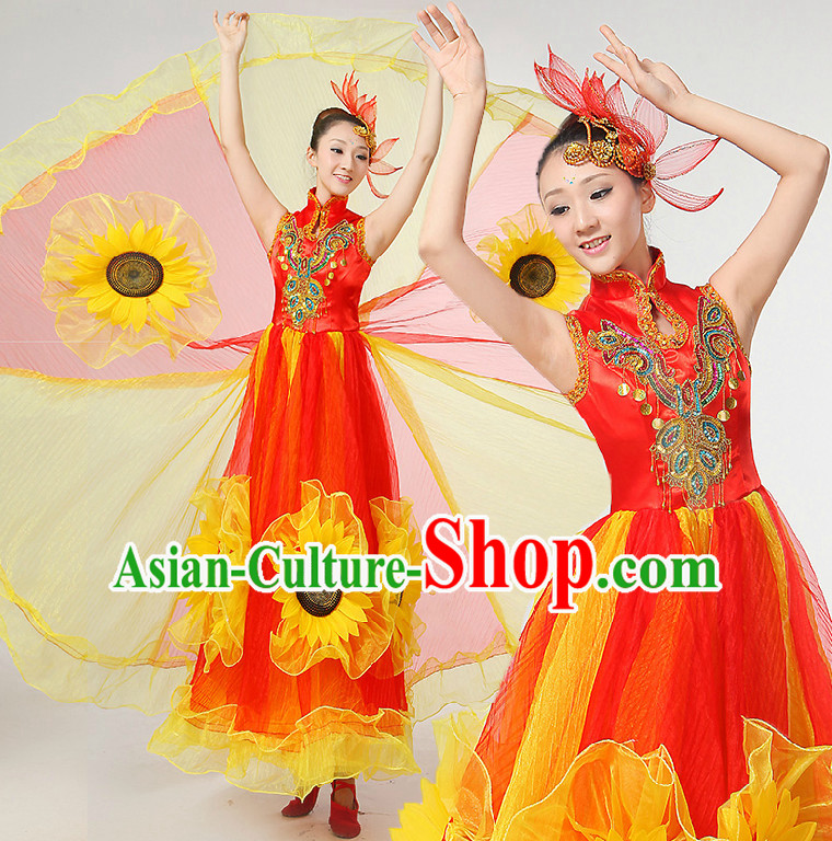 Chinese Festival Dance Costumes Ribbon Dancing Costume Dancewear China Dress Dance Wear and Hair Accessories Complete Set