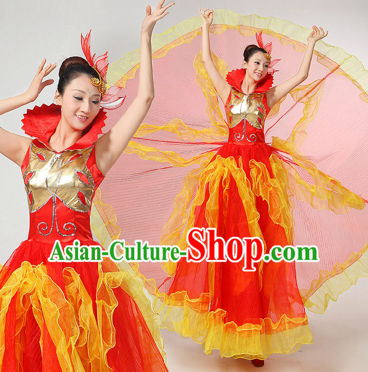 Chinese Festival Dance Costumes Ribbon Dancing Costume Dancewear China Dress Dance Wear and Hair Accessories Complete Set