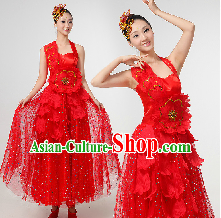 Chinese Festival Dance Costumes Ribbon Dancing Costume Dancewear China Dress Dance Wear and Hair Accessories Complete Set