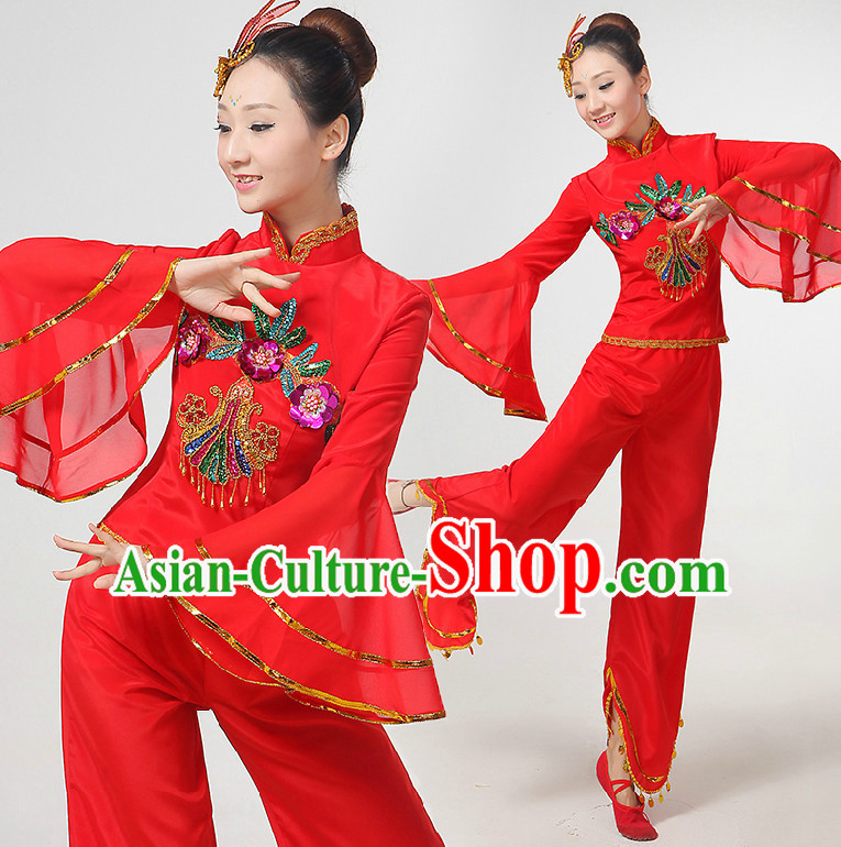 Chinese Festival Dance Costumes Ribbon Dancing Costume Dancewear China Dress Dance Wear and Hair Accessories Complete Set