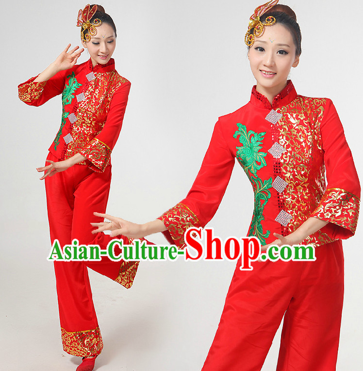 Chinese Festival Dance Costumes Ribbon Dancing Costume Dancewear China Dress Dance Wear and Hair Accessories Complete Set