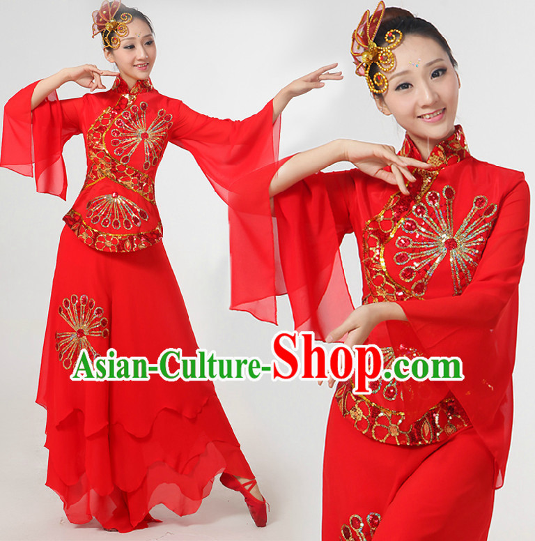 Chinese Festival Dance Costumes Ribbon Dancing Costume Dancewear China Dress Dance Wear and Hair Accessories Complete Set