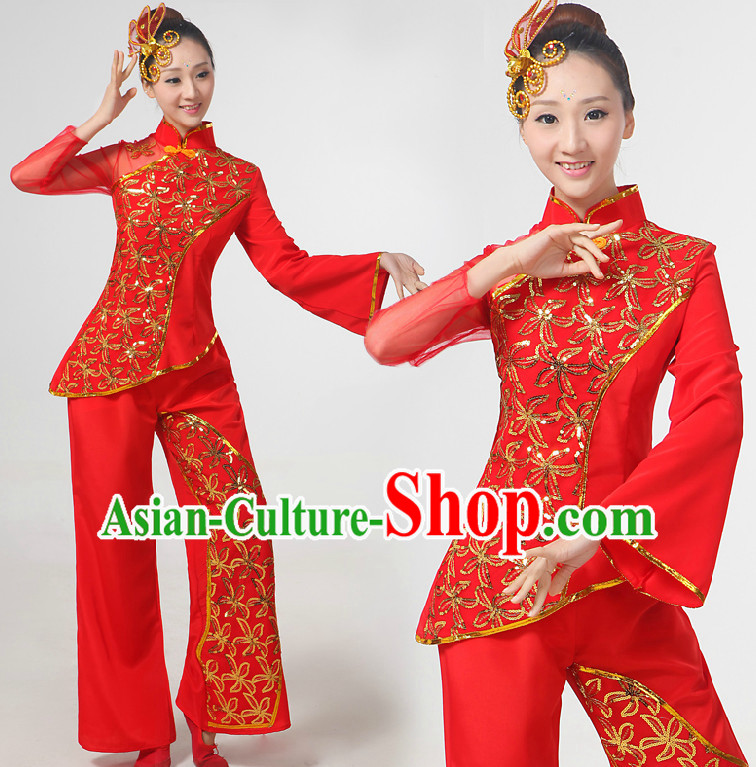 Chinese Festival Dance Costumes Ribbon Dancing Costume Dancewear China Dress Dance Wear and Hair Accessories Complete Set