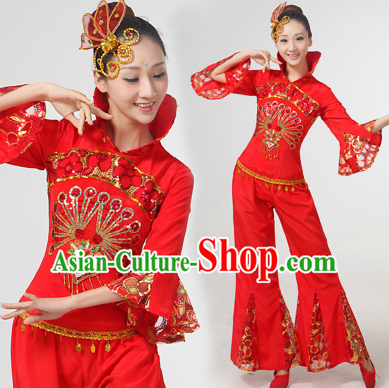 Chinese Festival Dance Costumes Ribbon Dancing Costume Dancewear China Dress Dance Wear and Hair Accessories Complete Set