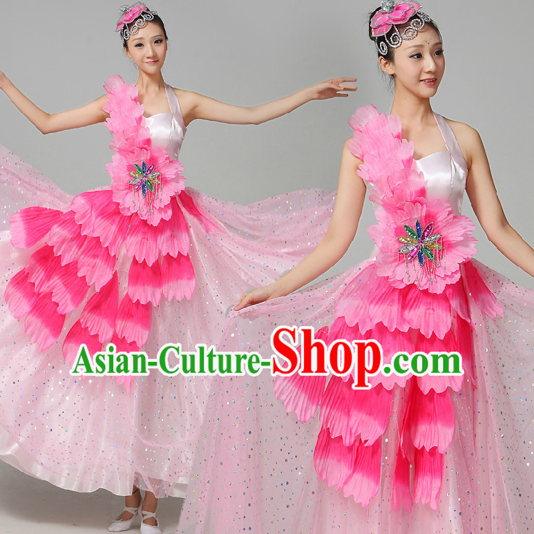 Chinese Flower Dance Costumes Ribbon Dancing Costume Dancewear China Dress Dance Wear and Hair Accessories Complete Set