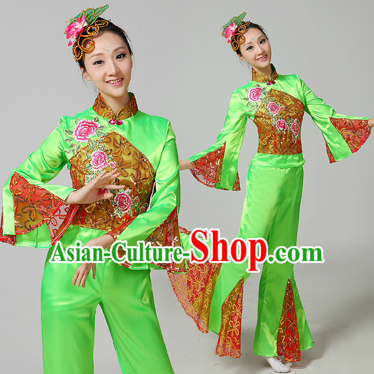 Chinese Fan Dance Costumes Ribbon Dancing Costume Dancewear China Dress Dance Wear and Hair Accessories Complete Set