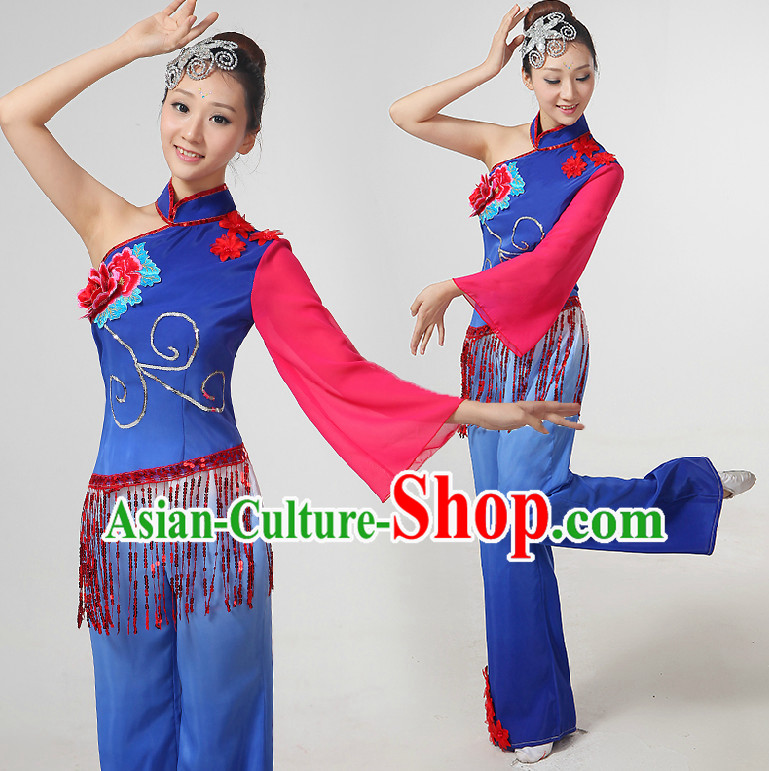 Chinese Yangge Dance Costumes Ribbon Dancing Costume Dancewear China Dress Dance Wear and Hair Accessories Complete Set