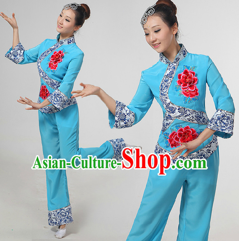 Chinese Handkerchief Dance Costumes Ribbon Dancing Costume Dancewear China Dress Dance Wear and Hair Accessories Complete Set