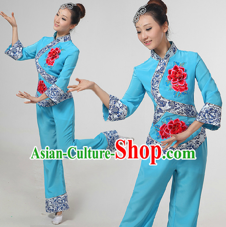 Chinese Handkerchief Dance Costumes Ribbon Dancing Costume Dancewear China Dress Dance Wear and Hair Accessories Complete Set