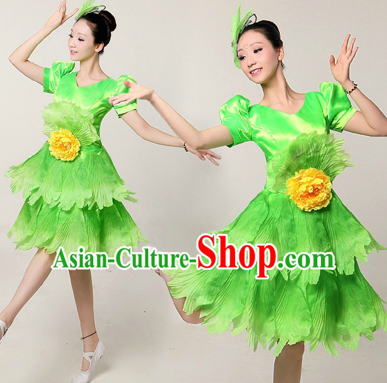 Chinese Stage Dance Costumes Ribbon Dancing Costume Dancewear China Dress Dance Wear and Hair Accessories Complete Set