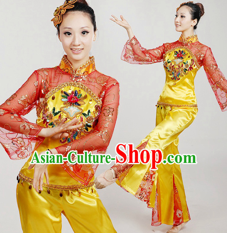 Chinese Dance Costumes Ribbon Dancing Costume Dancewear China Dress Dance Wear and Hair Accessories Complete Set