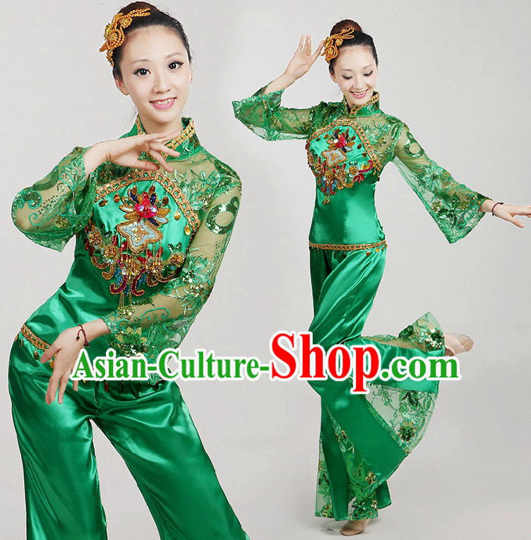 Chinese Dance Costumes Ribbon Dancing Costume Dancewear China Dress Dance Wear and Hair Accessories Complete Set