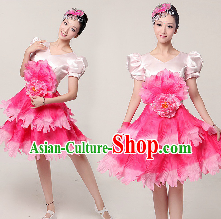 Chinese Stage Dance Costumes Ribbon Dancing Costume Dancewear China Dress Dance Wear and Hair Accessories Complete Set