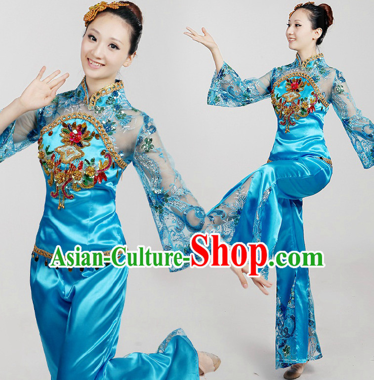 Chinese Dance Costumes Ribbon Dancing Costume Dancewear China Dress Dance Wear and Hair Accessories Complete Set